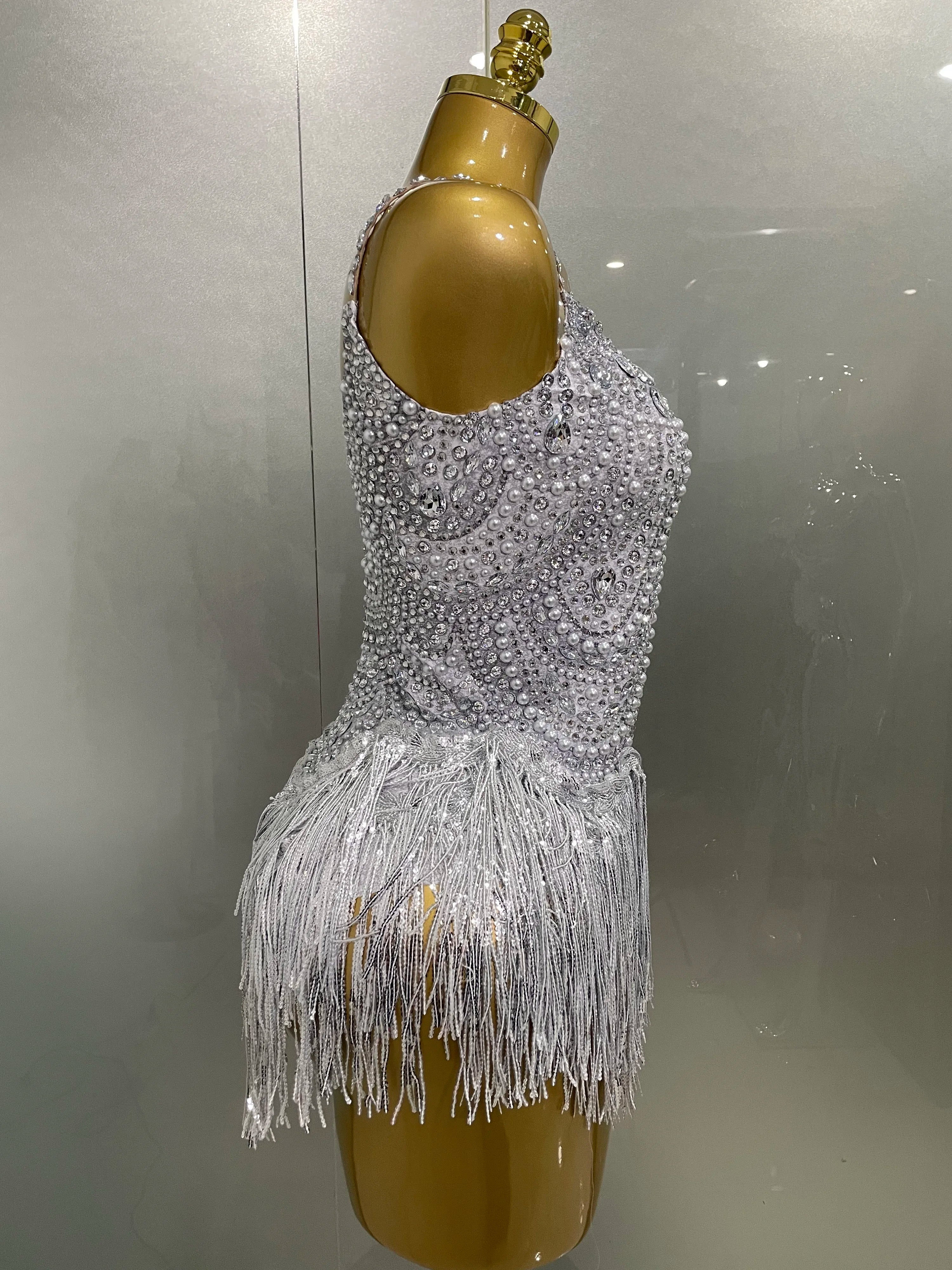 Sparkly Silver Rhinestones Pearl Tassels Bodysuit 2025 New Women Sexy Eveing Birthday Party Nightclub Stage Performance Costume