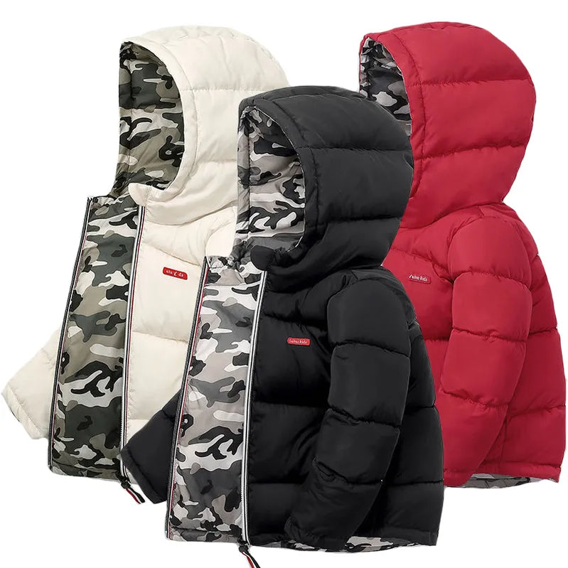 Può essere indossato su entrambi i lati giacca per ragazzi invernali spessa mantieni il cappotto con cappuccio caldo per bambini per bambini di compleanno di natale esterno