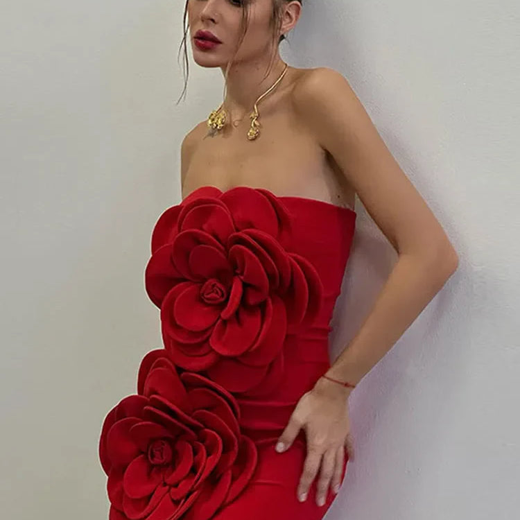 Women Red 3d Flower Strapless Short Dress Elegant Backless Sleeveless High Waist Mini Dresses Fashion Banquet Chic Robes