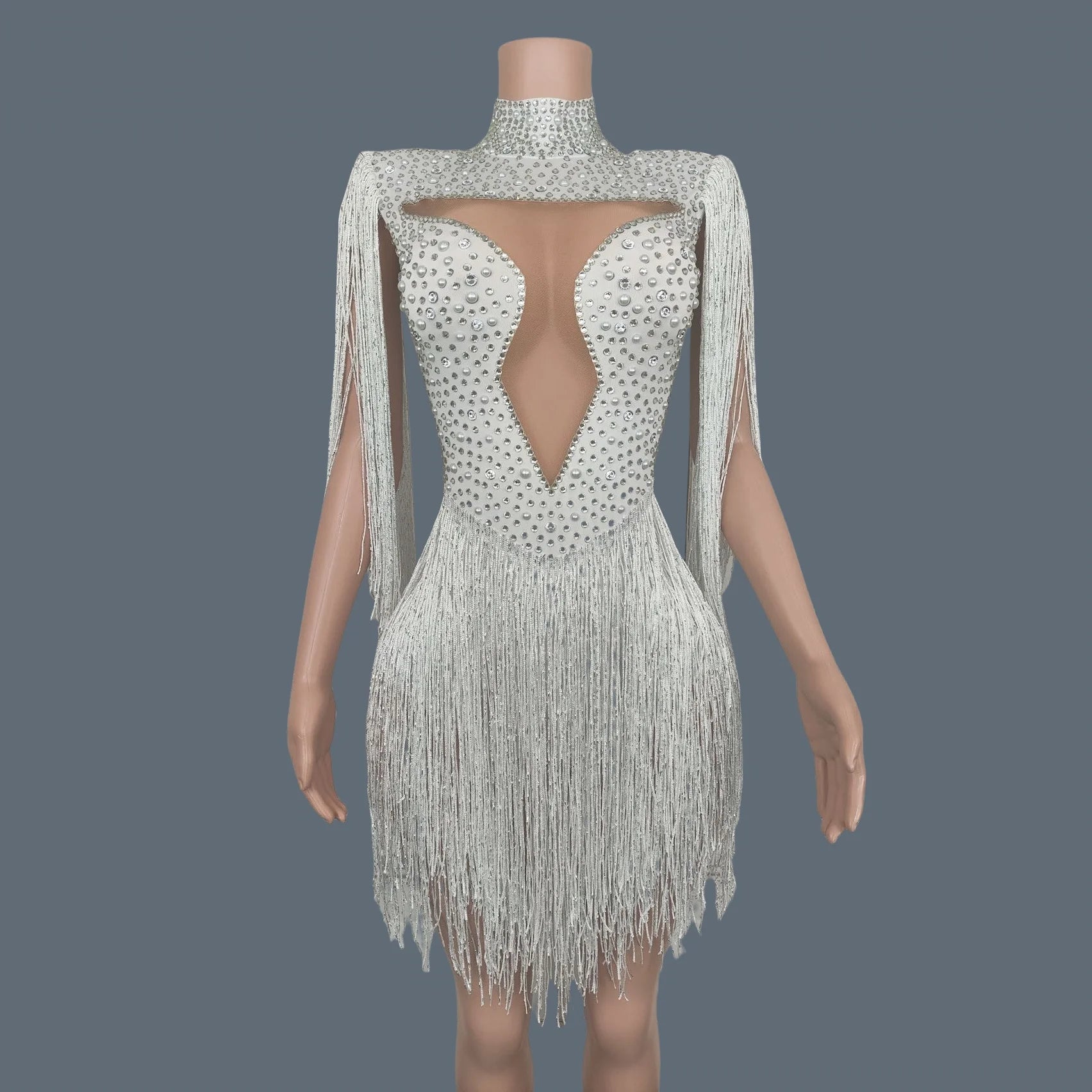 Stunning White Pearls Sequins Tassels Bodysuit Women Sexy Latin Dance Performance Costume Event Show Stage Club Outfit Baiyun