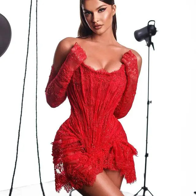 Black Red European Lace Gauze Gauze Wrapped Chest Irregular Mini Skirt