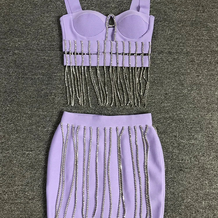 Women Summer Sexy Square Collar Purple Diamonds Sparkly Bodycon Bandage Skirt Set Knitted Elegant Evening Club Party Dress