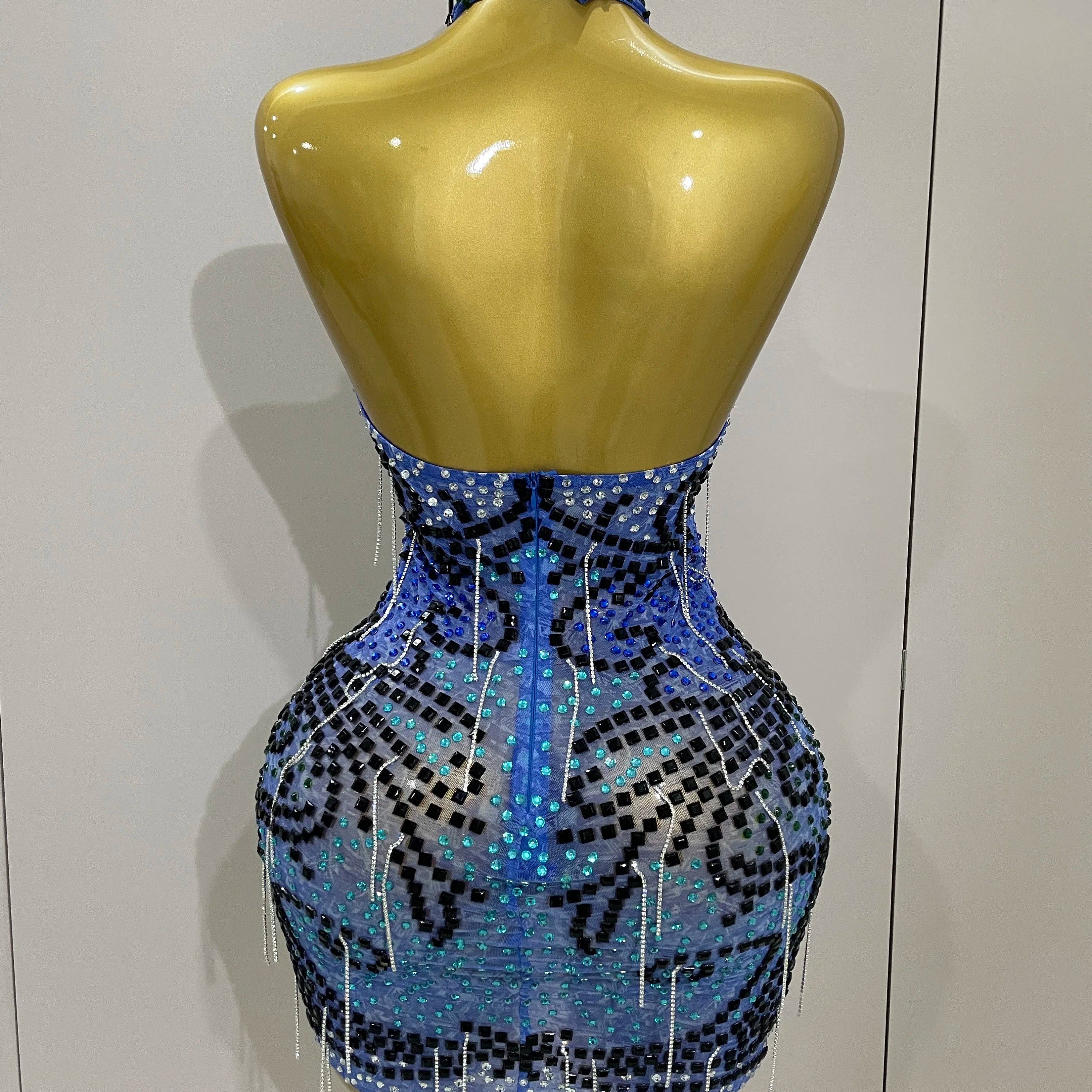 Sexy Sparkly Rhinestones Chains Blue Mesh Short Dress 2025 New Women Party Celebrate Birthday Dresses Photo Shoot Stage Wear