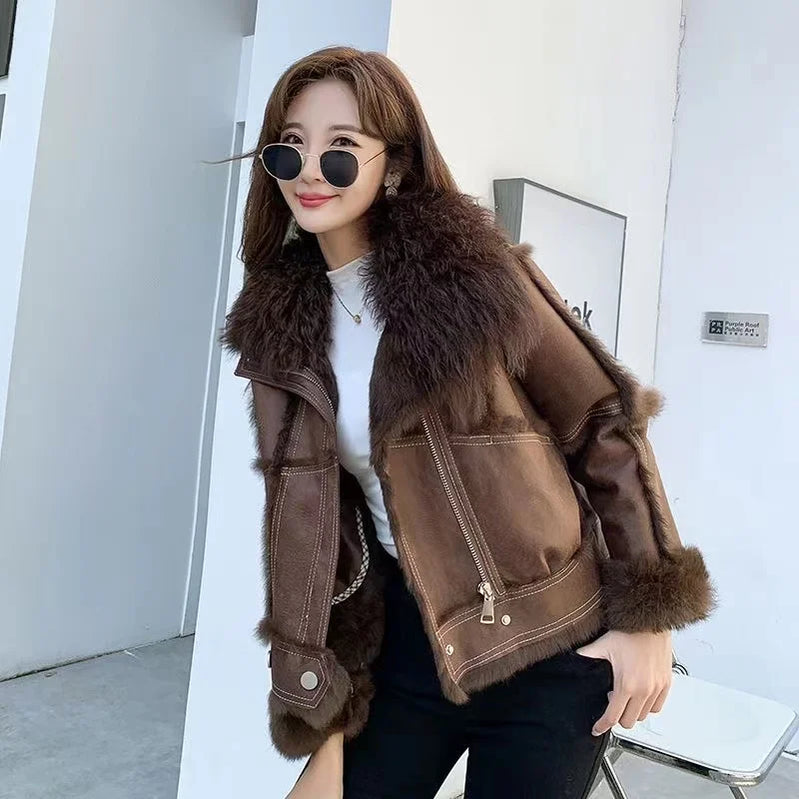 2023 Winter Short Women's Natural Rabbit Hair Lined Sheepskin Collar Coat Fashion Luxury Warm Leather Coat