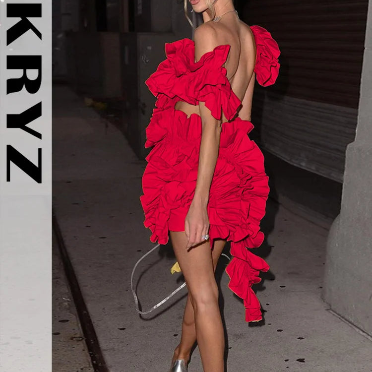 Ladies Autumn Sleeveless V-Neck Backless Sexy Birthday Party Mini Dresses For Women Ruffle New Fashion Clubwear Y2K Baddie Dress