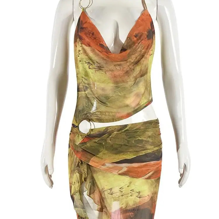 Joskaa Colorful Print Mesh Cutout Irregular Dress Women Hipster Sexy Halter Backless Split Slim Mini Dresses Holiday Wear