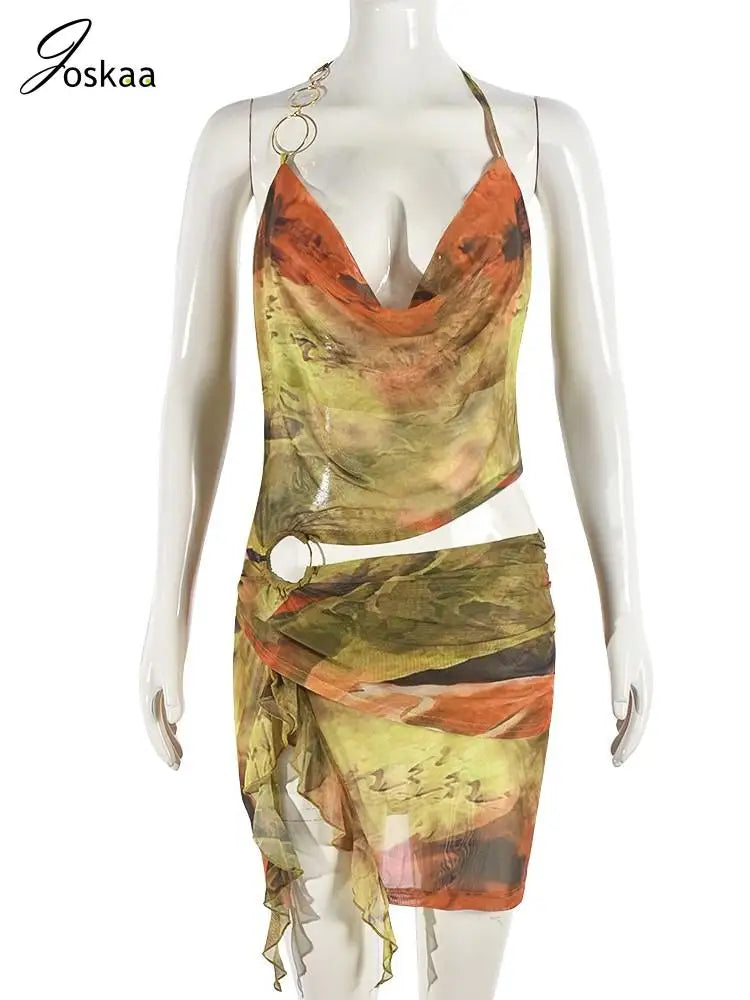 Joskaa Colorful Print Mesh Cutout Irregular Dress Women Hipster Sexy Halter Backless Split Slim Mini Dresses Holiday Wear