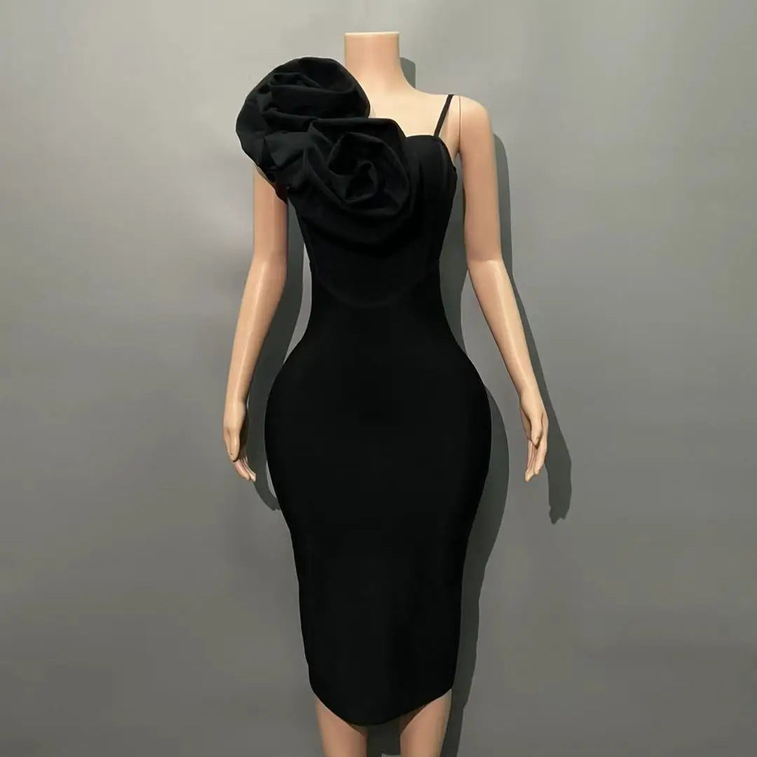 Black Red Color Women Sexy Strap Florals Bodycon Midi Bandage Dress Celebrate Nightclub Party Birthday Photo Shoot Outfit