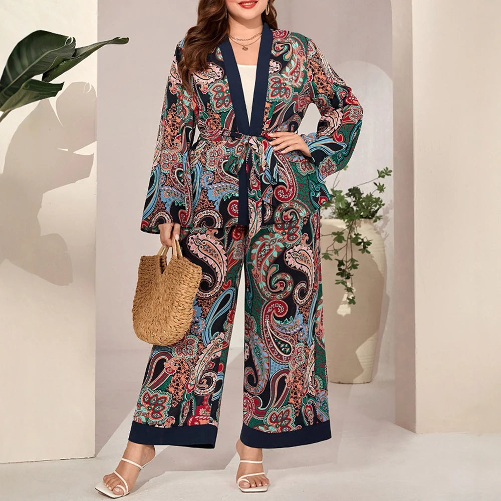 Plus Size Rafiah Women's Summer 2025 Sets Paisley Print Long Sleeve Top Wide Leg Pants Contrast Trim Retro Two Piece Sets