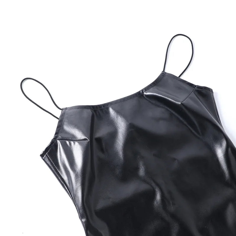 Gothic Punk Balck Faux Leather 2Pcs Dress Vintage Flare Sleeve Crop Tops Women Sexy Backless Bodycon Nightclub Dresses