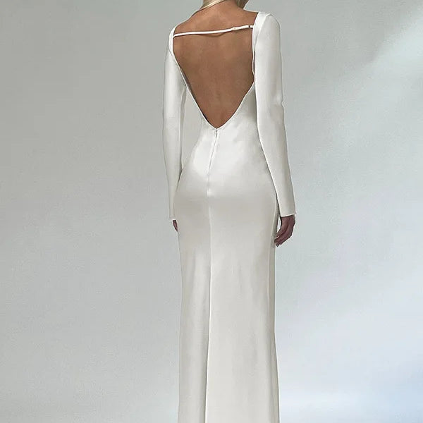 JULISSA MO Elegant Solid O-Neck Long Sleeve Backless Maxi Dress For Women 2023 Autumn Chic Silver Slim Long Dress Outfits Silver