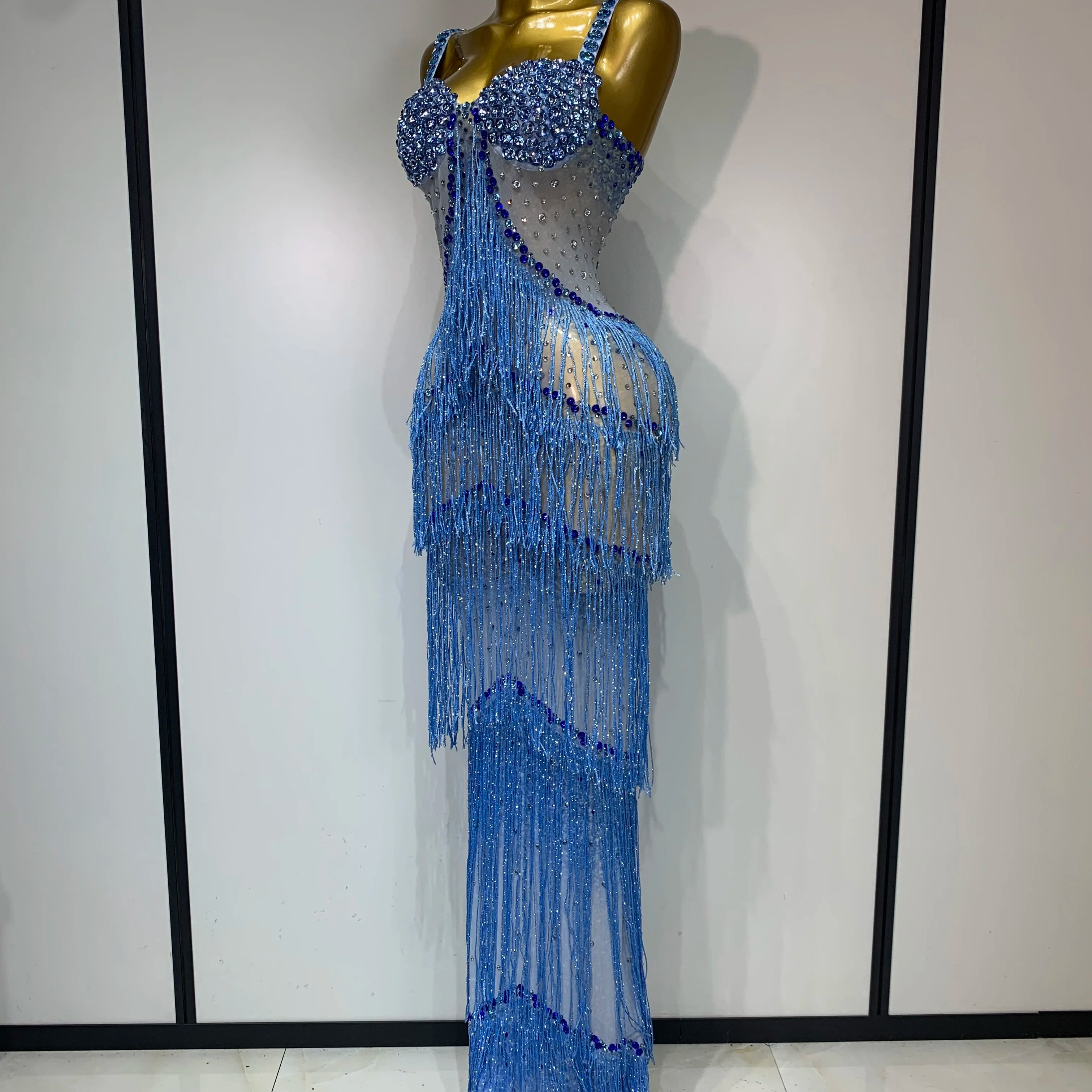 Vestido longo longo com franjas e strass brilhantes, feminino, sexy, transparente, elegante, para festa de aniversário, sessão de fotos