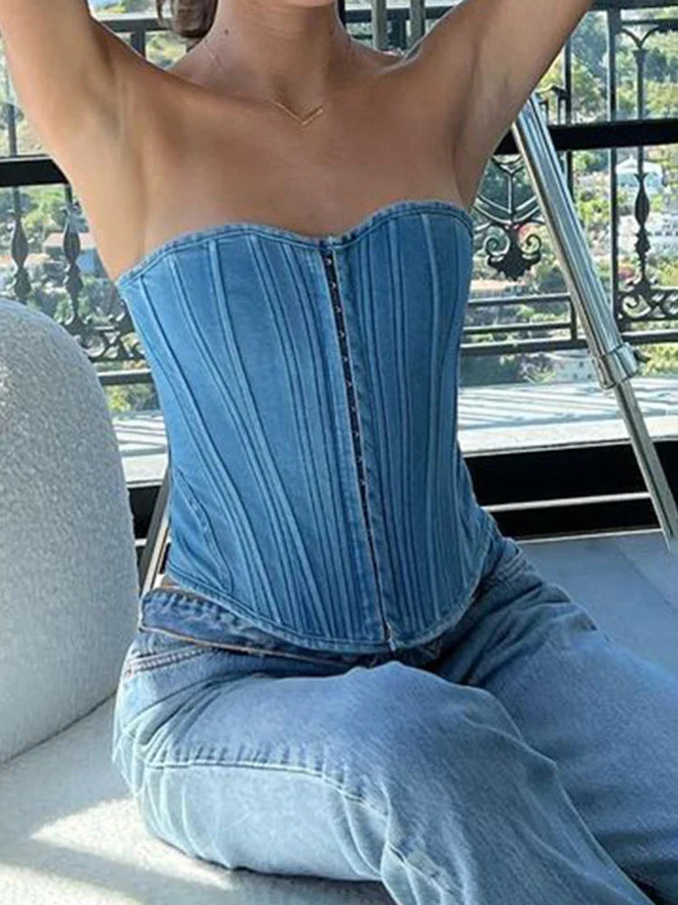IAMHOTTY Strapless Denim Corset Women Backless Lace-up Sexy Bustier Night Clubwear Elegant Basic Tube Top Y2K Jean Cami Ladies Blue