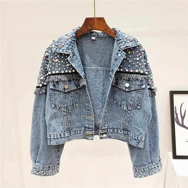 New Mujer Spring Autumn Streetwear Denim Jacket Women Hand-studded Pearls Punk Tassel Veste Femme Loose Short Jeans Coats