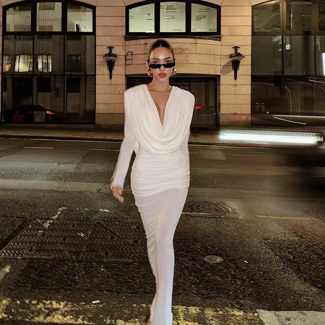 Women Celebrity Sexy Long Sleeve Deep V Neck Ruched White Maxi Long Gowns Dress 2025 Elegant Evening Party Club Vestido