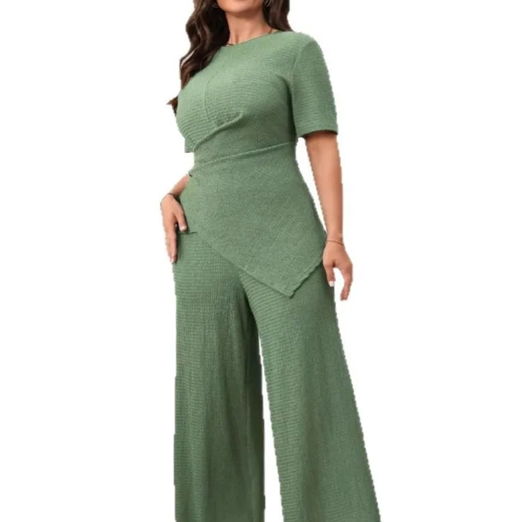 Plus Size Summer 2 Two Piece Set Women Irregular Slim Waist Fashion Ladies Blouses Wide Leg Loose Pleated Woman Long Pants