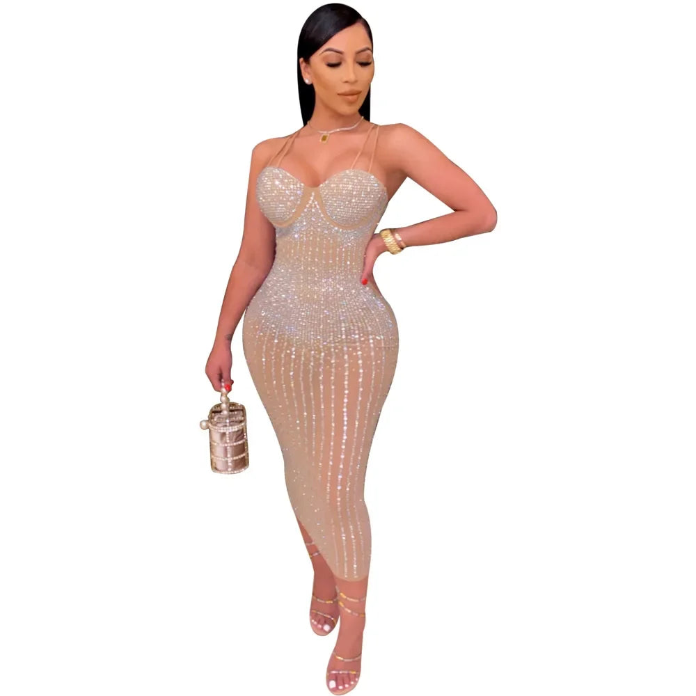 CM.YAYA Mesh See Though Hot Rhinestones Plunging V-neck Midi Bodycon Dress  Women Sexy Club Party Dresses Pencil Vestidos