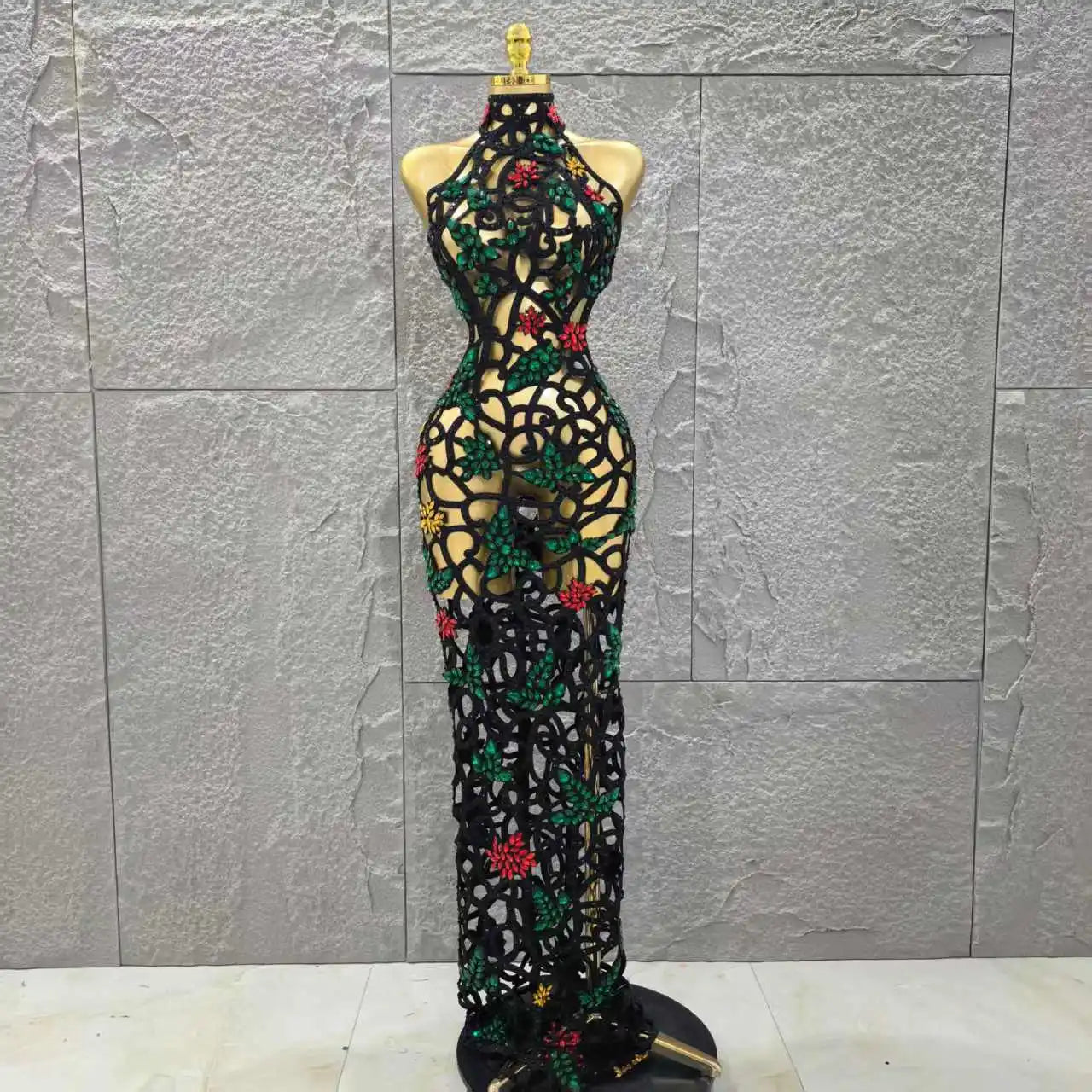 Women Sleeveless Sexy Hollow Out Shinning Rhinestones Bodycon Long Dress Backless Celebrate Nightclub Party Celebrity Stage Wear
