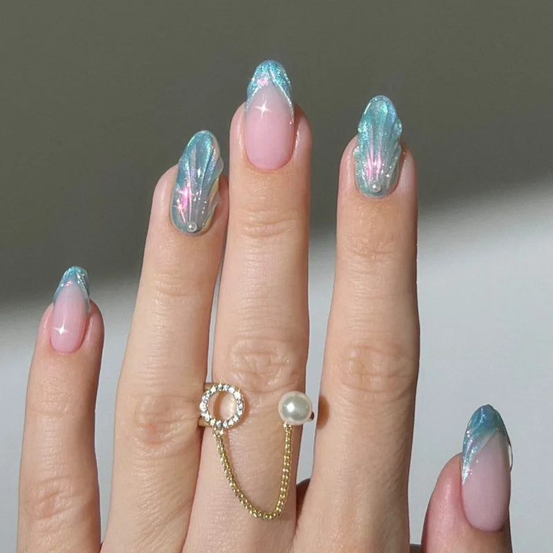 24Pcs Mid-length French Almond Fake Nail with Shiny Powder Design False Nail Art 3D Shell Pattern Datachable Press on Nails Tips