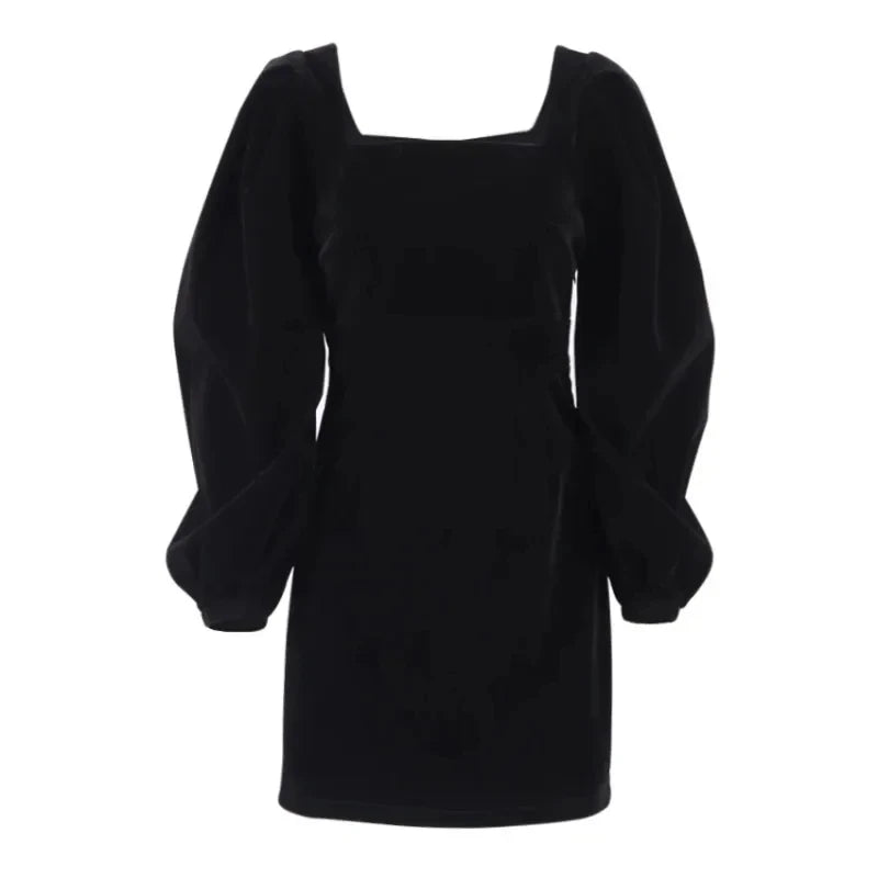 Women's Velvet Square Neck Pretty Dress Mini Wrap Hip Bubble Sleeve Short Skirt Zipper Decoration Long Sleeve Party Dress black