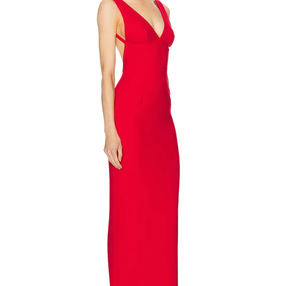 Red Color Women Sleeveless V-Neck Backless Bodycon Long Bandage Dress Celebrate Evening Party Birthday Outfit Vestido
