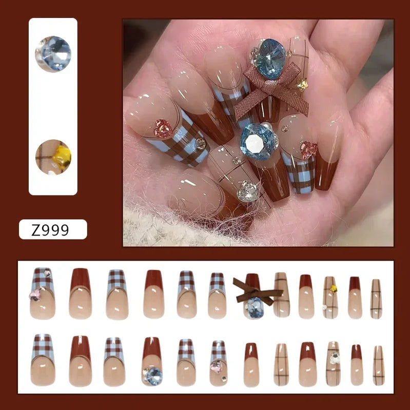 24Pcs Vintage Plaid Press-On Nails Set Blue & Brown with Sparkling Rhinestone Bows Fake Nails Perfect for Girls Daily Wear
