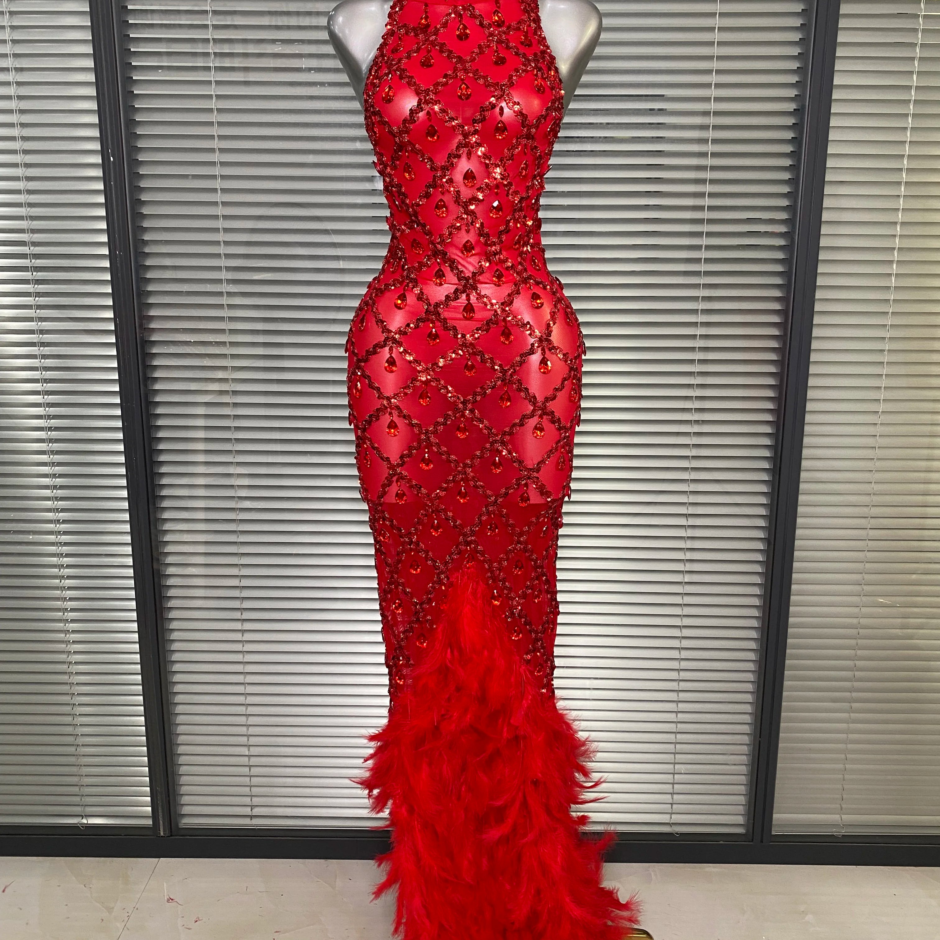 New Women Sexy Black Red Feathers Crystal Diamonds Maxi Dress Birthday Party Costume Elegant Singer Stage Performance Dress