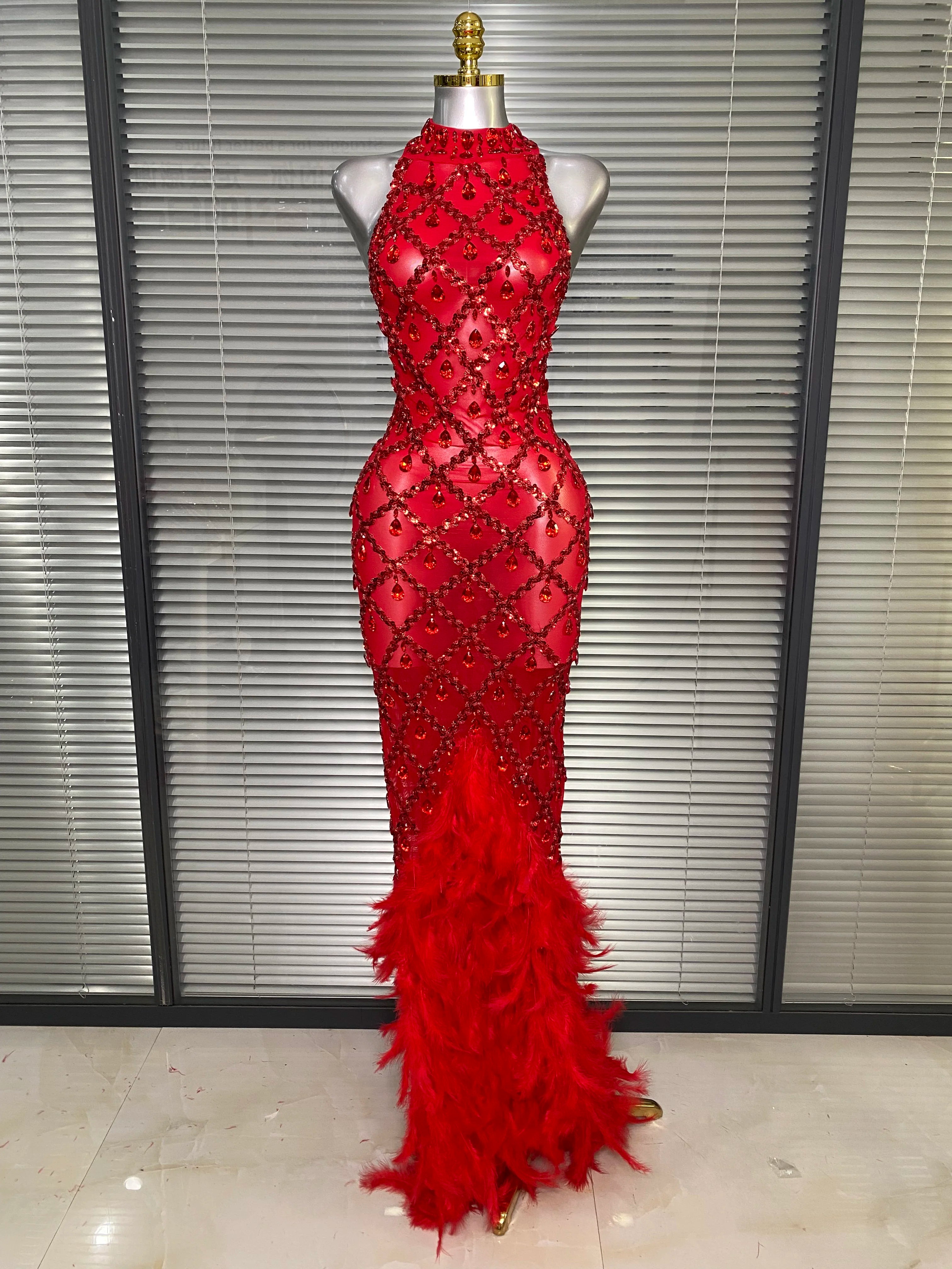 New Women Sexy Black Red Feathers Crystal Diamonds Maxi Dress Birthday Party Costume Elegant Singer Stage Performance Dress