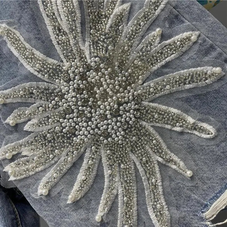 Summer Denim Shorts Women Tassel Sequin Beading Fashion Ripped Jeans Shorts High Waist Knee Length Pants Female