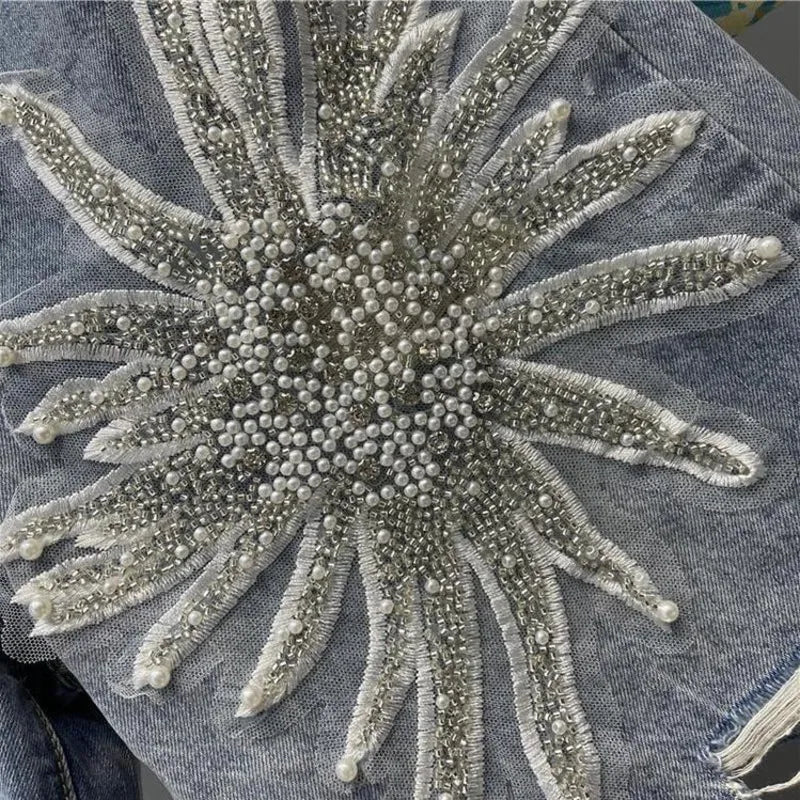 Summer Denim Shorts Women Tassel Sequin Beading Fashion Ripped Jeans Shorts High Waist Knee Length Pants Female