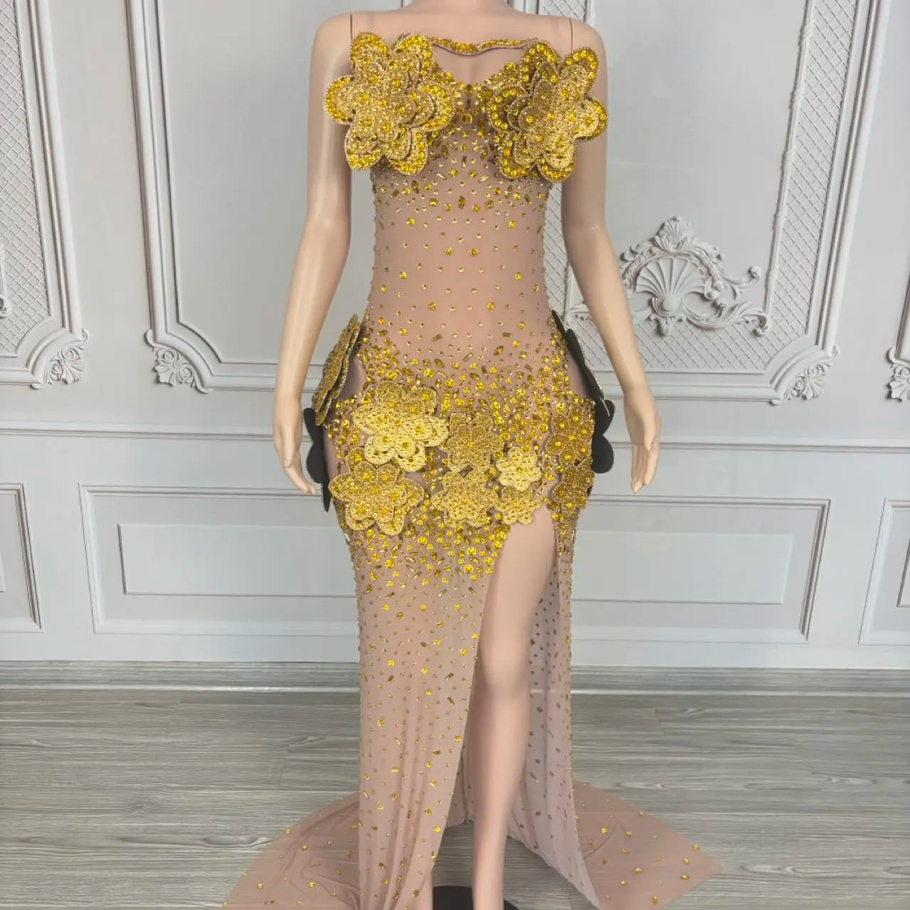 3D Flower See Through Mesh Evening Dress Sexy Women High end Couture Sparkly Rhinestone Party Long Dress Event Outfit Tiehua