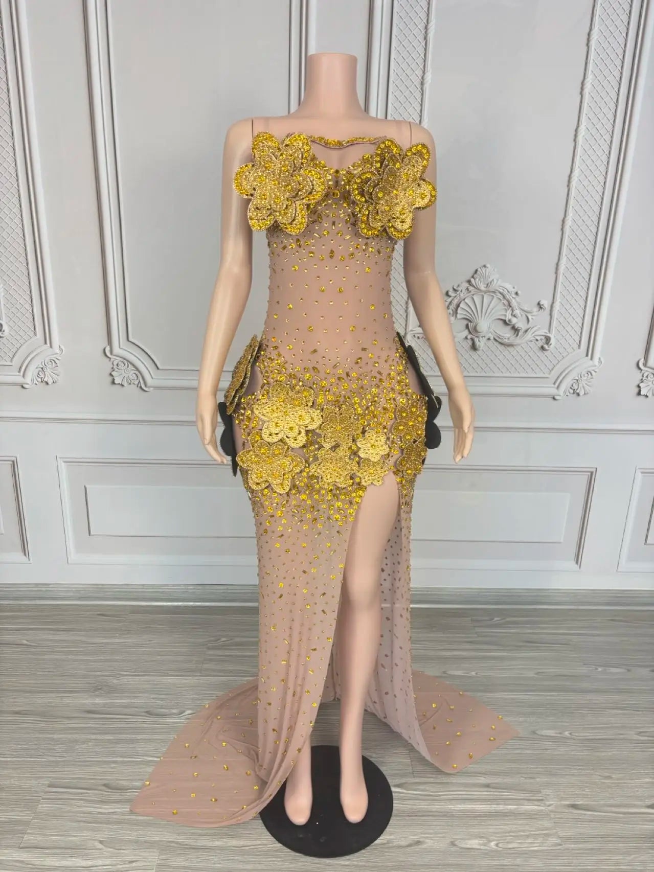 3D Flower See Through Mesh Evening Dress Sexy Women High end Couture Sparkly Rhinestone Party Long Dress Event Outfit Tiehua