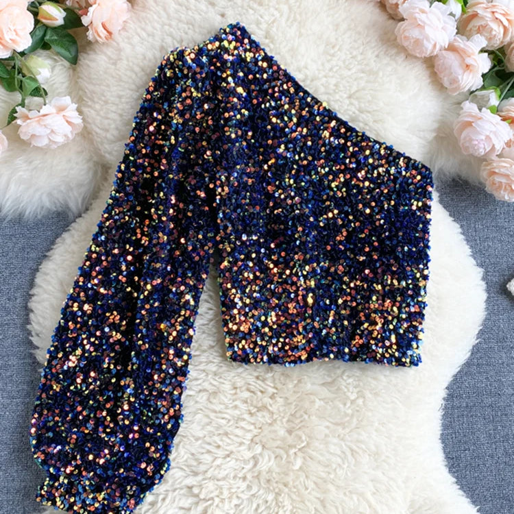 Fall 2024 Oblique Collar T-shirt Strapless Unilateral Puff Sleeve Slim Fit Short Sequined Top