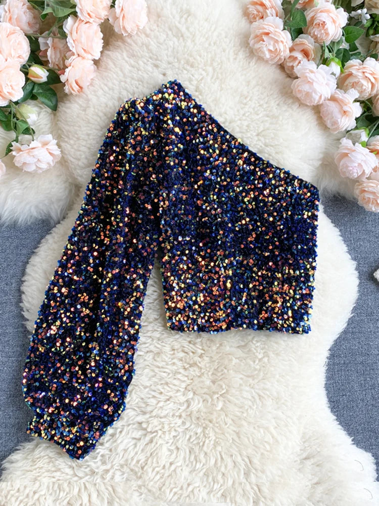 Fall 2024 Oblique Collar T-shirt Strapless Unilateral Puff Sleeve Slim Fit Short Sequined Top