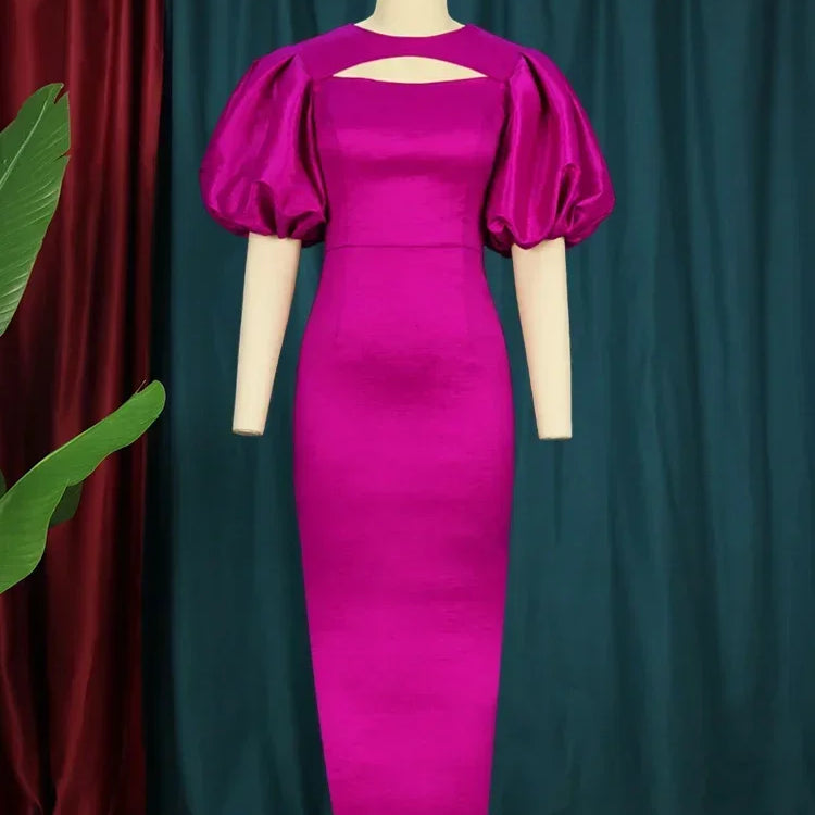 Elegant Women Long Dresses 2024 Party Event Shiny Sexy Puff Sleeve Cut Out Bodycon Summer Dress Fuchsia Birthday Celebrity Gowns