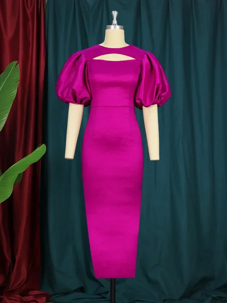 Elegant Women Long Dresses 2024 Party Event Shiny Sexy Puff Sleeve Cut Out Bodycon Summer Dress Fuchsia Birthday Celebrity Gowns