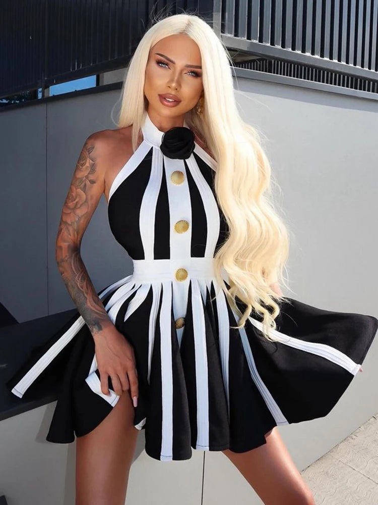VC 2024 New Summer Women's Black and White Stripe Button 3D Rose Halter Backless Pleated Sexy Sleeveless Knitted Mini Dress