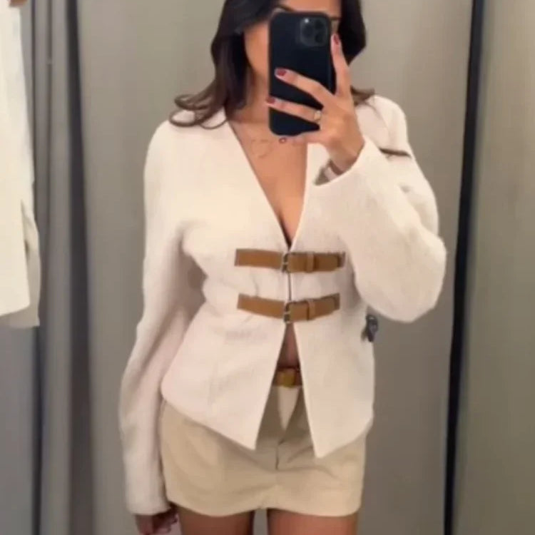 Vintage Leather Buckle Woolen Coat For Women Fashion V Neck Long Sleeve Cropped Jacket Spring Female High Street Outerwear