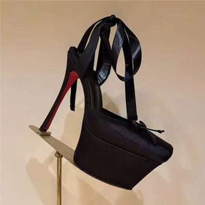 Women Lace-Up High Heeled Shoes for Woman's Square Toe Thin Heels Platform Pumps Mujer Pleated Slingback Wedding Luxury Sandals