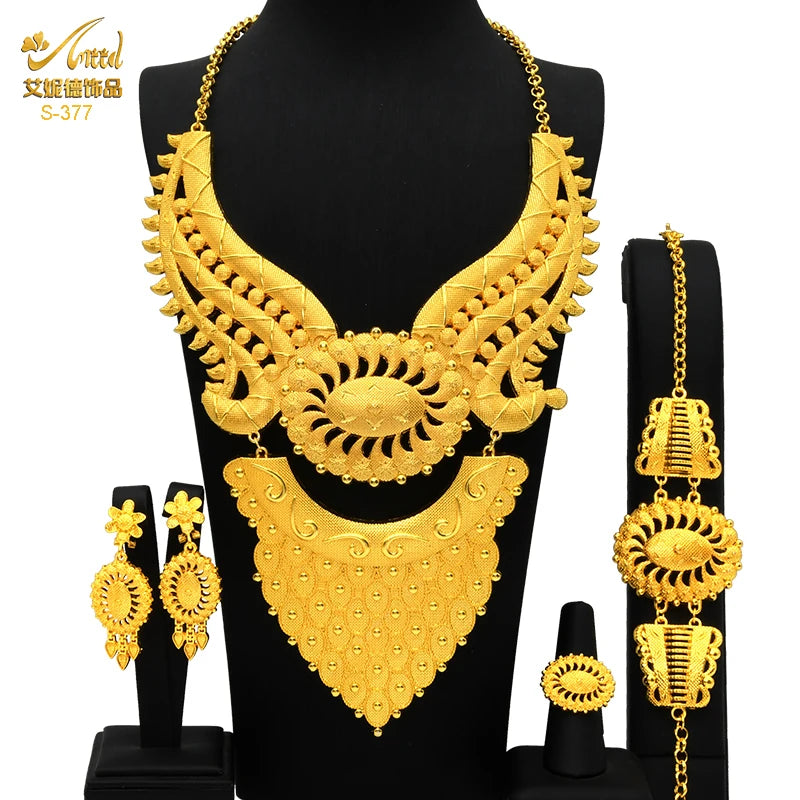 Indian Big Plated Gold Jewelry Women Necklace Sets Dubai African Party Bridal Wedding Gifts Arabic Necklace Jewelry Sets S-377