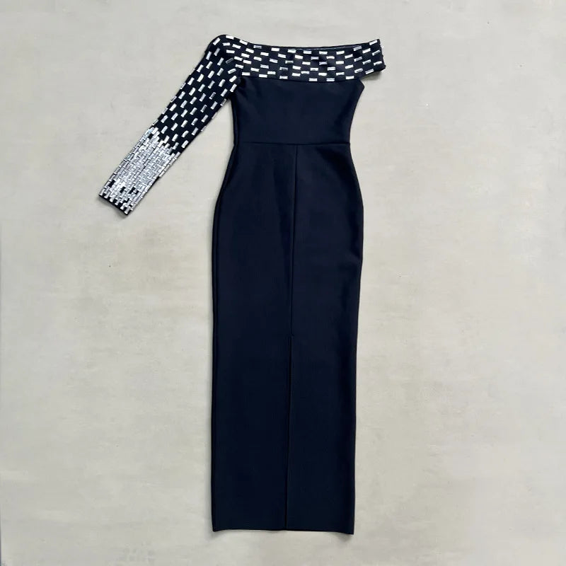 Women Sexy One Shoulder Shinning Crystal Bodycon Long Bandage Dress Elegant Evening Party Celebrity Red Carpet Wear