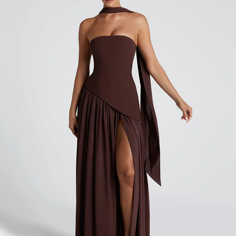 Strapless Off-shoulder Sexy Maxi Dress For Women Gown Patchwork Scarf Collar Thigh High Split Club Party Long Dress