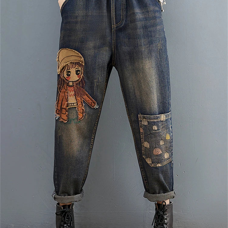 Cartoon Litter Girl Embroidery Denim Pants For Women Trendy Hole Casual High Waist Breeches Pockets Mom Harem Blue Jeans 6537 Dark Blue