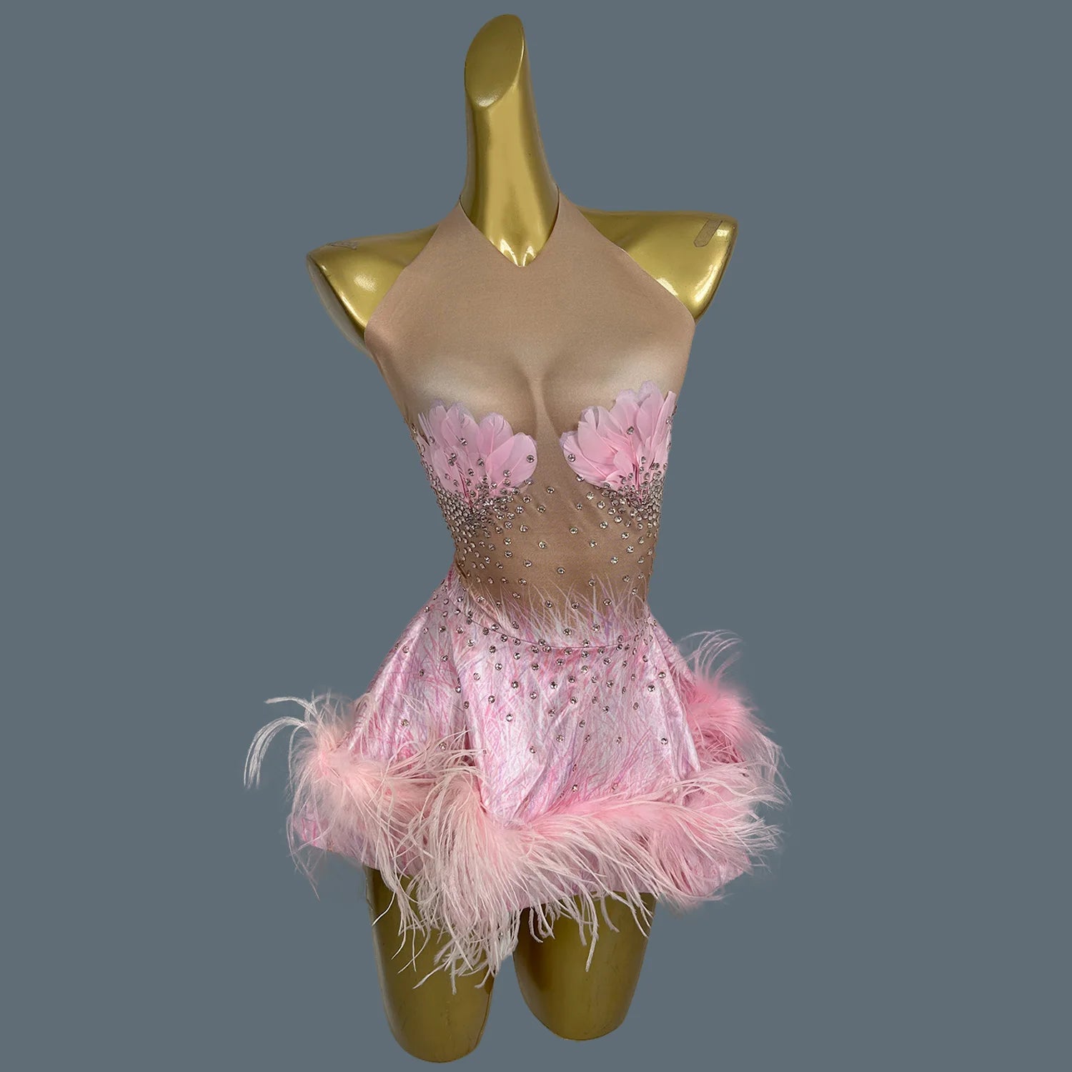 Sparkly Showgirl Stage Performance Sexy Ultra Short Dress Sexy Women Night Party Mini Dress Spandex Feather Dresses Huolieniao