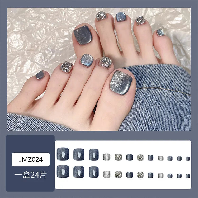 24pcs Blue Cat Eye False Toenails shiny Rhinestone Decor Fake Toenails Wearable Reusable Fashion Korean Press on Toenails