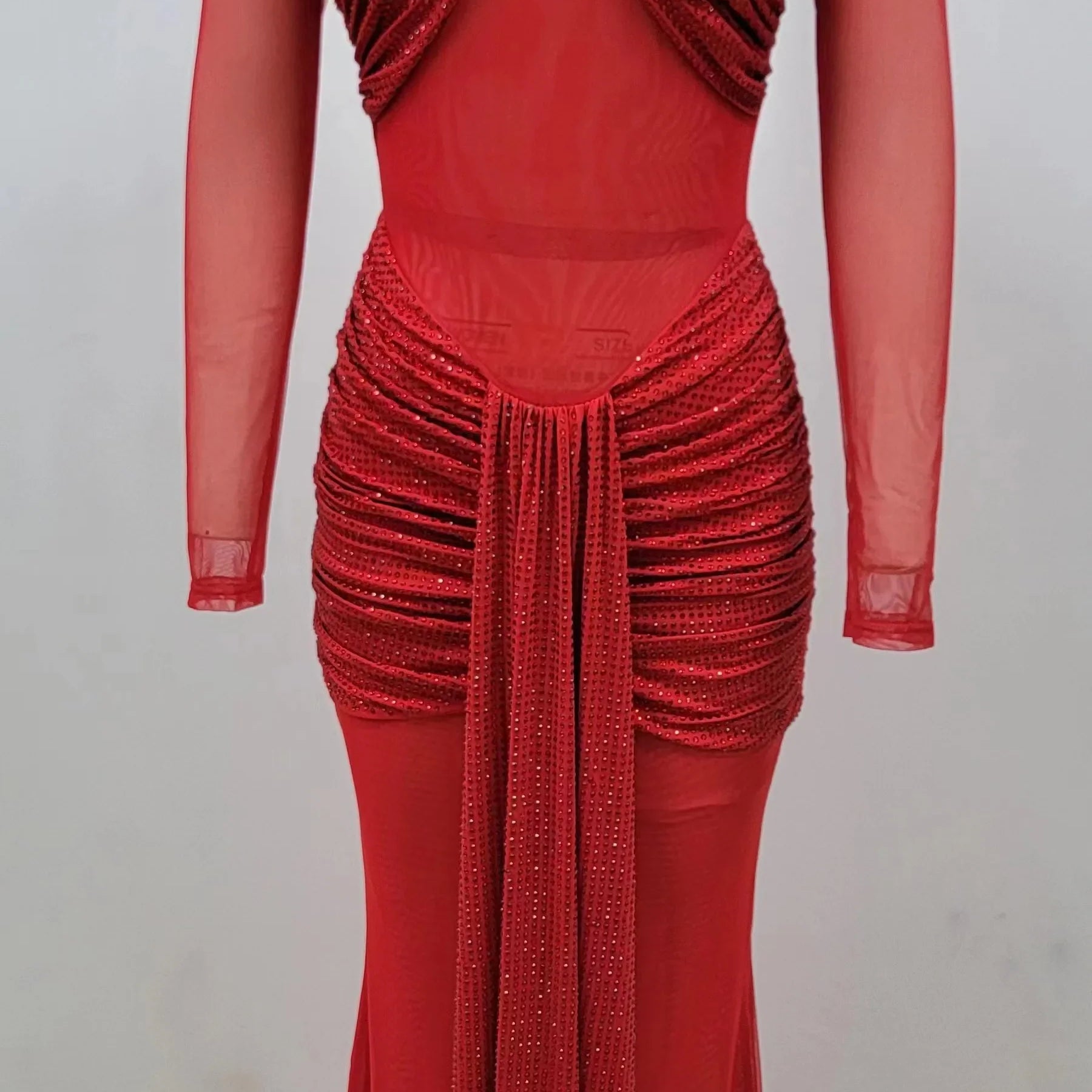 Red Color Women Long Sleeve Shinning Rhinestones Mesh Bodycon Long Dress Fashion Nightclub Party Celebrate Outfit Vestido