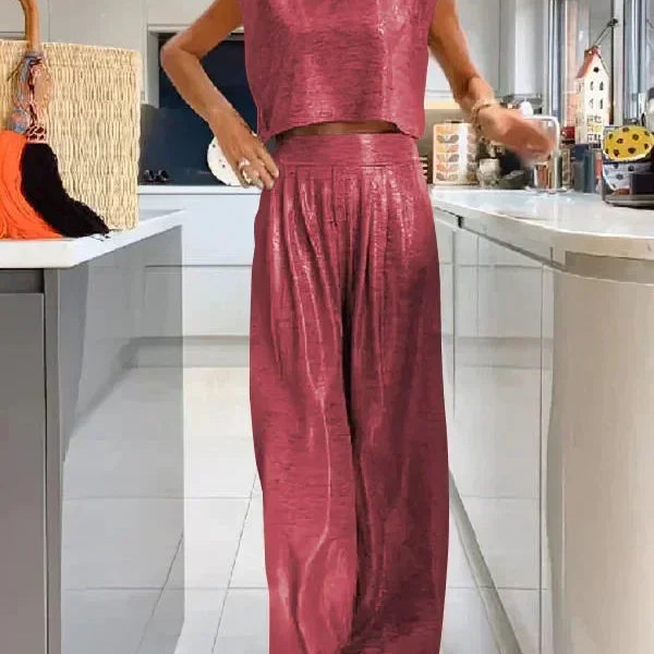 Plus Size Women's 0XL-5XL Summer Casual Sleeveless Fashion Comfortable Women's Glossy Tank Top Wide Leg Pants Two Piece Set