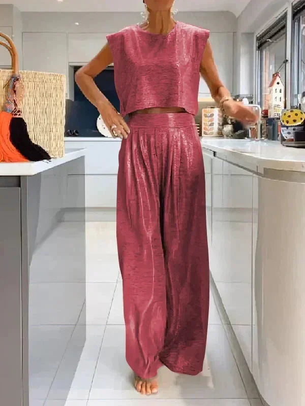 Plus Size Women's 0XL-5XL Summer Casual Sleeveless Fashion Comfortable Women's Glossy Tank Top Wide Leg Pants Two Piece Set