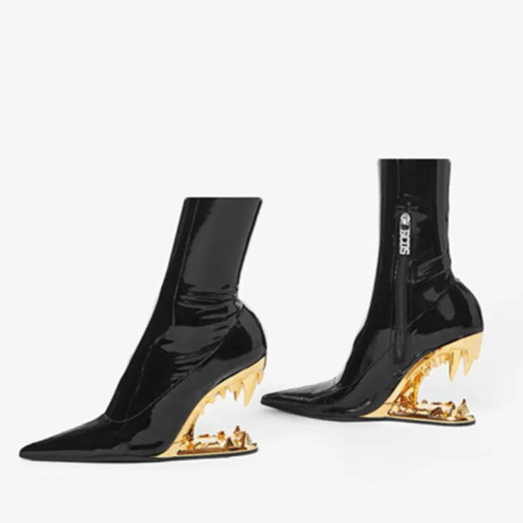 European and American New Knee-length Thigh Women's Boots Fashion Pointed Side Zipper Teeth High Heels Show Patent Leather Boots Black gold heel