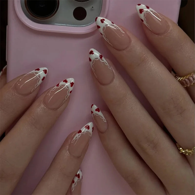 24pcs Simple Almond Press on Nails Set Black White Point French Tip Mid-length False Nails Art Fashion Ladybug Pattern Fake Nail